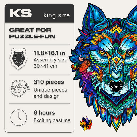 UNIDRAGON Original Wooden Jigsaw Puzzles - Majestic Wolf, 310 pieces, King Size 11.8" x 16.1", Beautiful Gift Package, Unique Shape Best Gift for Adults and Kids
