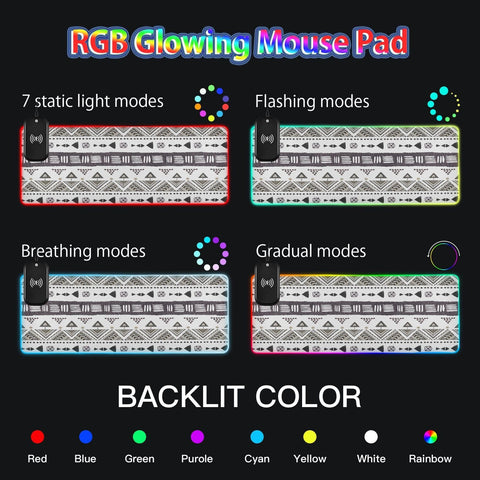 Geometric Boho Mandala Wireless Charging Mouse Pad for Mobile Phone Extra Large Gaming Mousepad with 13 Lighting Modes Extended Desk Mat for MacBook PC Laptop Desk Office Home Gaming