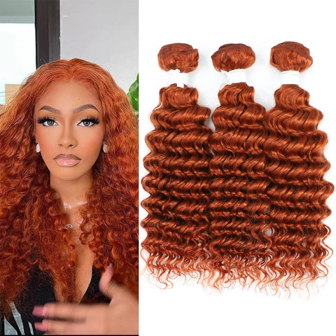 REMY HAIR Deep Wave 100% Brazilian Virgin Human Hair Bundles Ginger Orange Color 10 12 14 Inch #350 Burnt Orange Curly Wave Human Hair Bundles