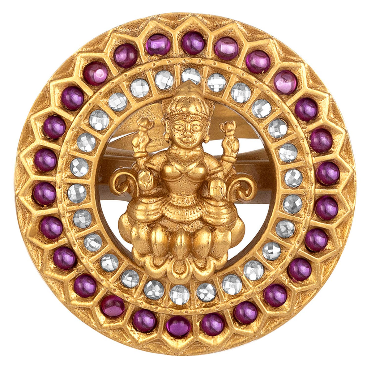 Aheli Elegant Wedding Wear Indian Goddess Laxmi Crafted Faux Stone Studded Adjustable Finger Ring Ethnic Fashion Temple Jewelry Gift for Women