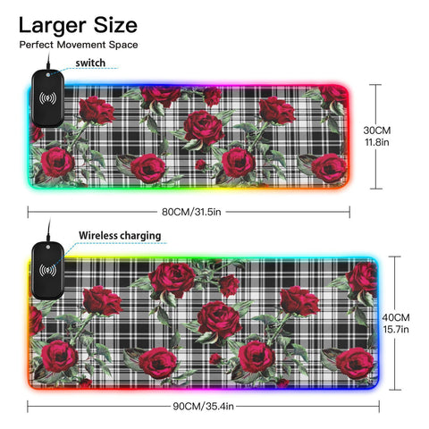 Black White Plaid Roses Wireless Charging Mouse Pad for Mobile Phone Extra Large Gaming Mousepad with 13 Lighting Modes Mouse Mat for Gaming MacBook PC Laptop Desk Home Office