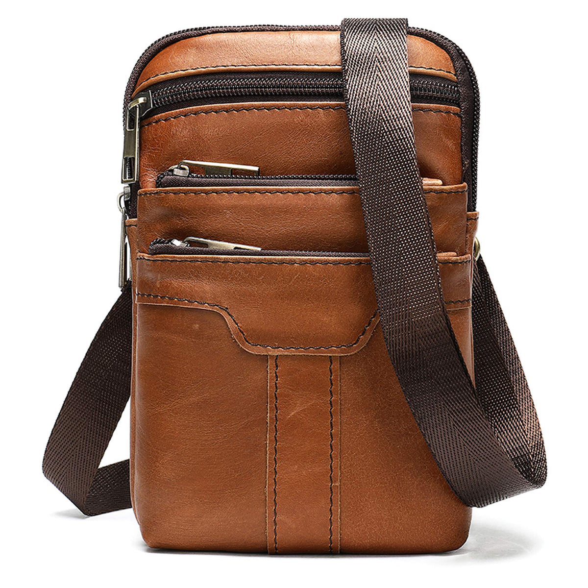 Leather Cell Phone Belt Clip Case Brown, Men Crossbody Cell Phone Shoulder Bag, Vertical Leather Cellphone Waist Belt Pouch Holder Small Crossbody Holster Hip Bum Bag Multiple Pockets with Belt Loop