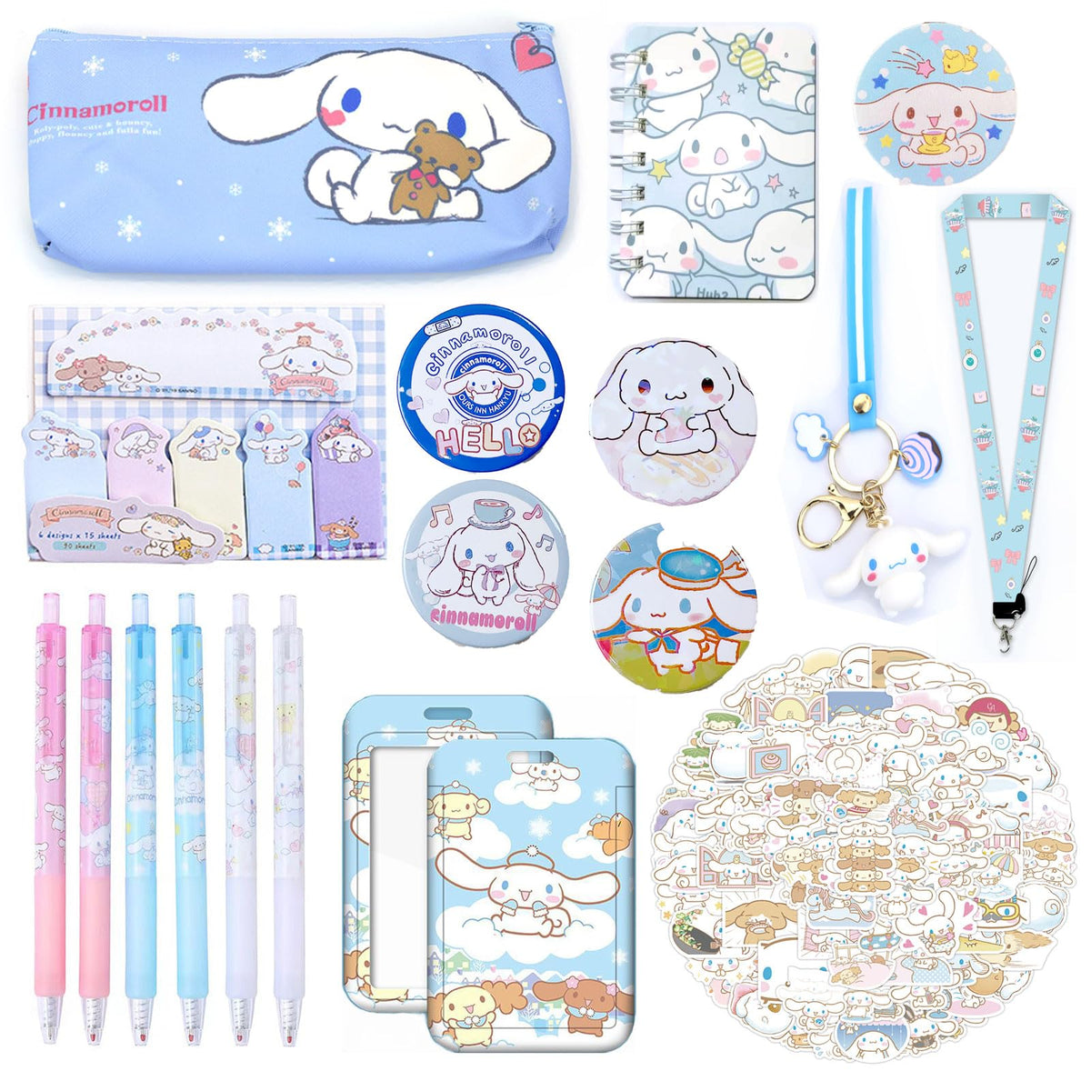 Cute Cinnamoroll School Supplies Set Kawaii Office Supplies Gift Set Including Gel Ink Roller Pens Stickers Pencil Case ID Badge Stickers Button Pins Key Chain Phone Chain Phone Ring Holder