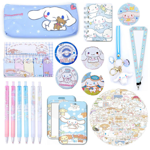 Cute Cinnamoroll School Supplies Set Kawaii Office Supplies Gift Set Including Gel Ink Roller Pens Stickers Pencil Case ID Badge Stickers Button Pins Key Chain Phone Chain Phone Ring Holder