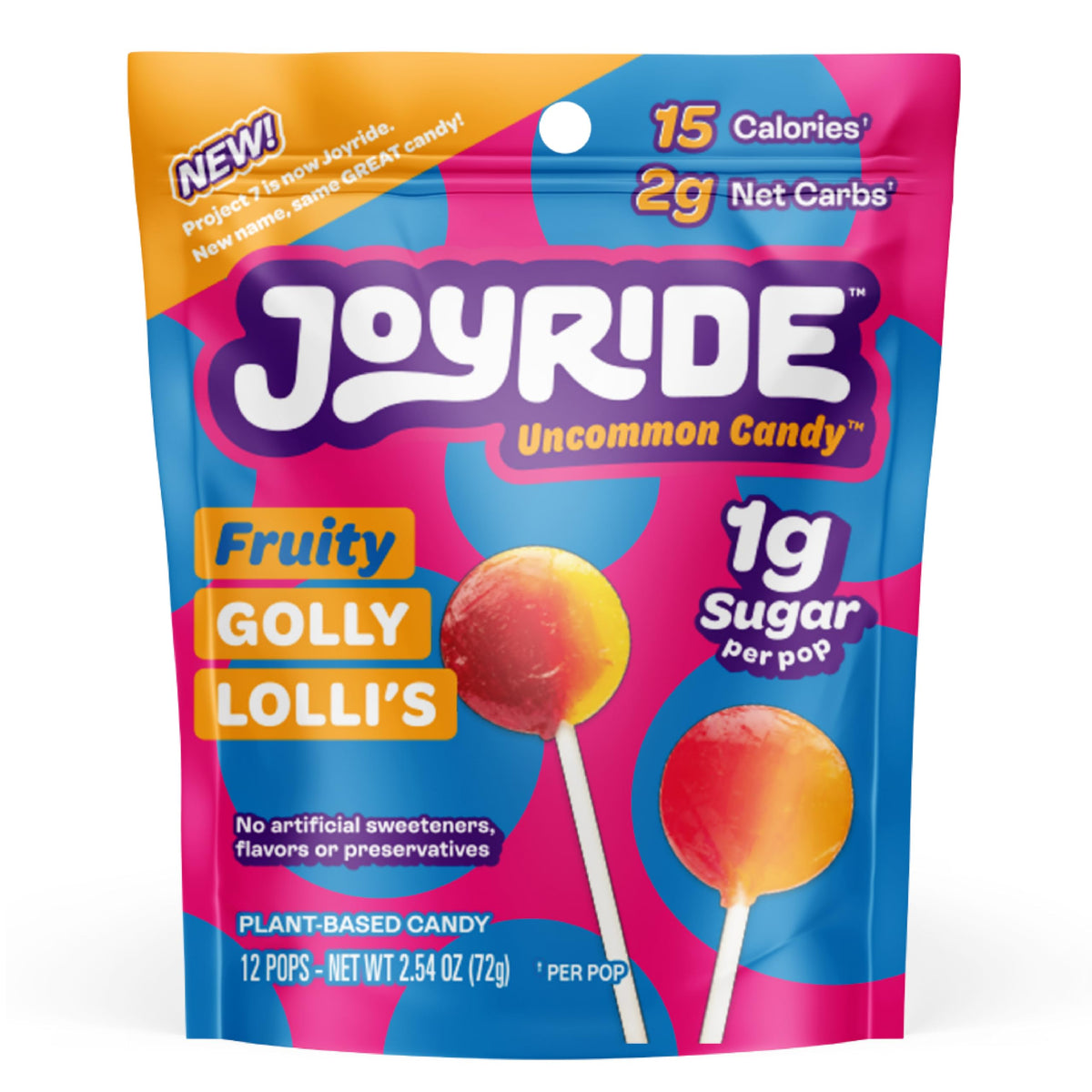 JOYRIDE by Project 7 Low Sugar Candy, Organic Lollipops - 1 Gram of Sugar Per Lolli, Vegan, Non-GMO Hard Candy - Variety Flavor, 3 Pack of 12 Lollies