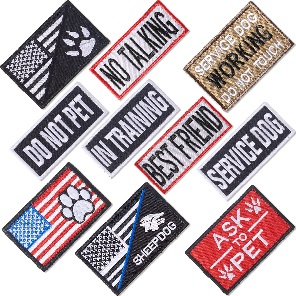 10 Pieces Dog Patches for Service Dog Vest Removable Tactical Hook Loop Harness Patch Set of American Flag Ask to Pet in Training (Stylish Style)