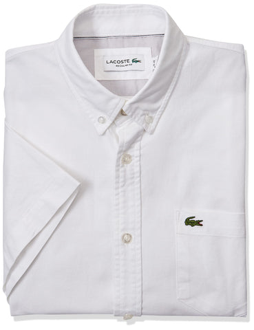 Lacoste Men's Short Sleeve Button Down Oxford Solid Shirt Regular Fit, White/White, Large