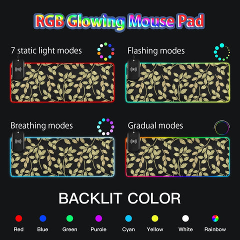 Floral Watercolor Gold Leaves Wireless Charging Mouse Pad for Mobile Phone Extra Large Gaming Mousepad with 13 Lighting Modes Extended Desk Mat for MacBook PC Laptop Desk Office Home Gaming