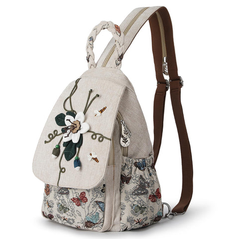 AULUDA Ladys Convertible Sling Bag, Hand Craft Artisan Purse, Girls Beautiful Canvas Premium Casual Day Mini Backpack for Women (Flower Bee)