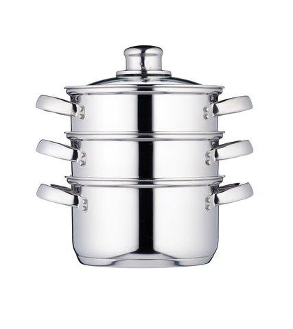 KitchenCraft KCCVSTEAM16 3 Tier Food Steamer Pan/Stock Pot in Gift Box, Induction Safe, Stainless Steel, 16 cm