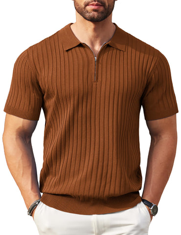 COOFANDY Men's Zipper Polo Shirts Short Sleeve Golf Knit Shirts Casual Collared T Shirts Brown