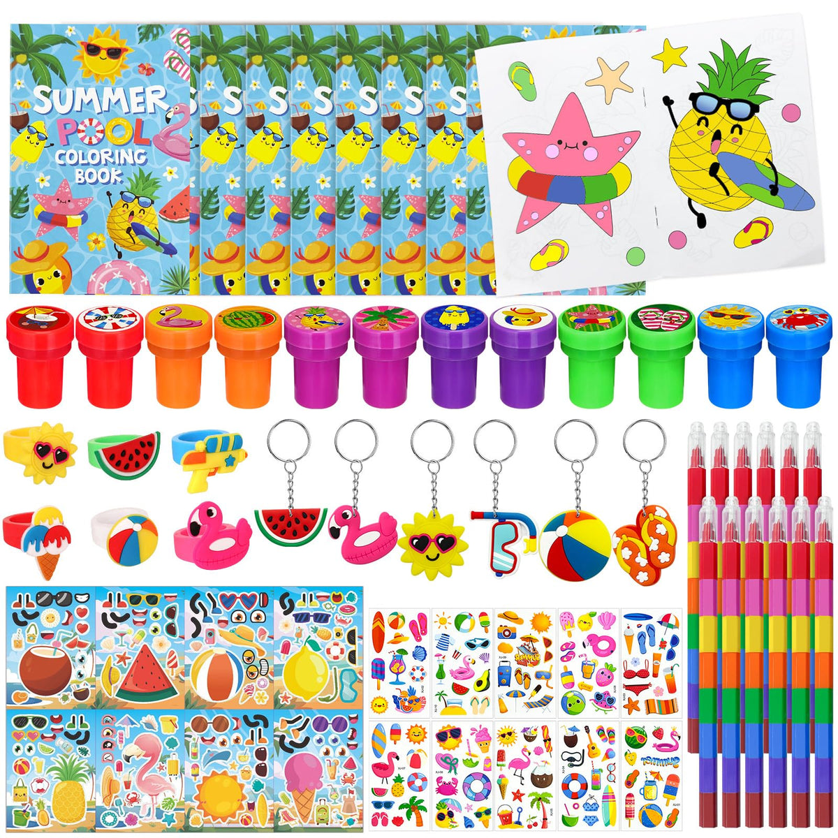 Cinrobiye 72 Pcs Summer Beach Coloring Book Bulk,Pool Party Favors Goodie Bags Fillers,Pineapple Flamingo Birthday Party Supplies Face Stickers Tattoo Prizes Gift for Luau Hawaii Party (Pool)