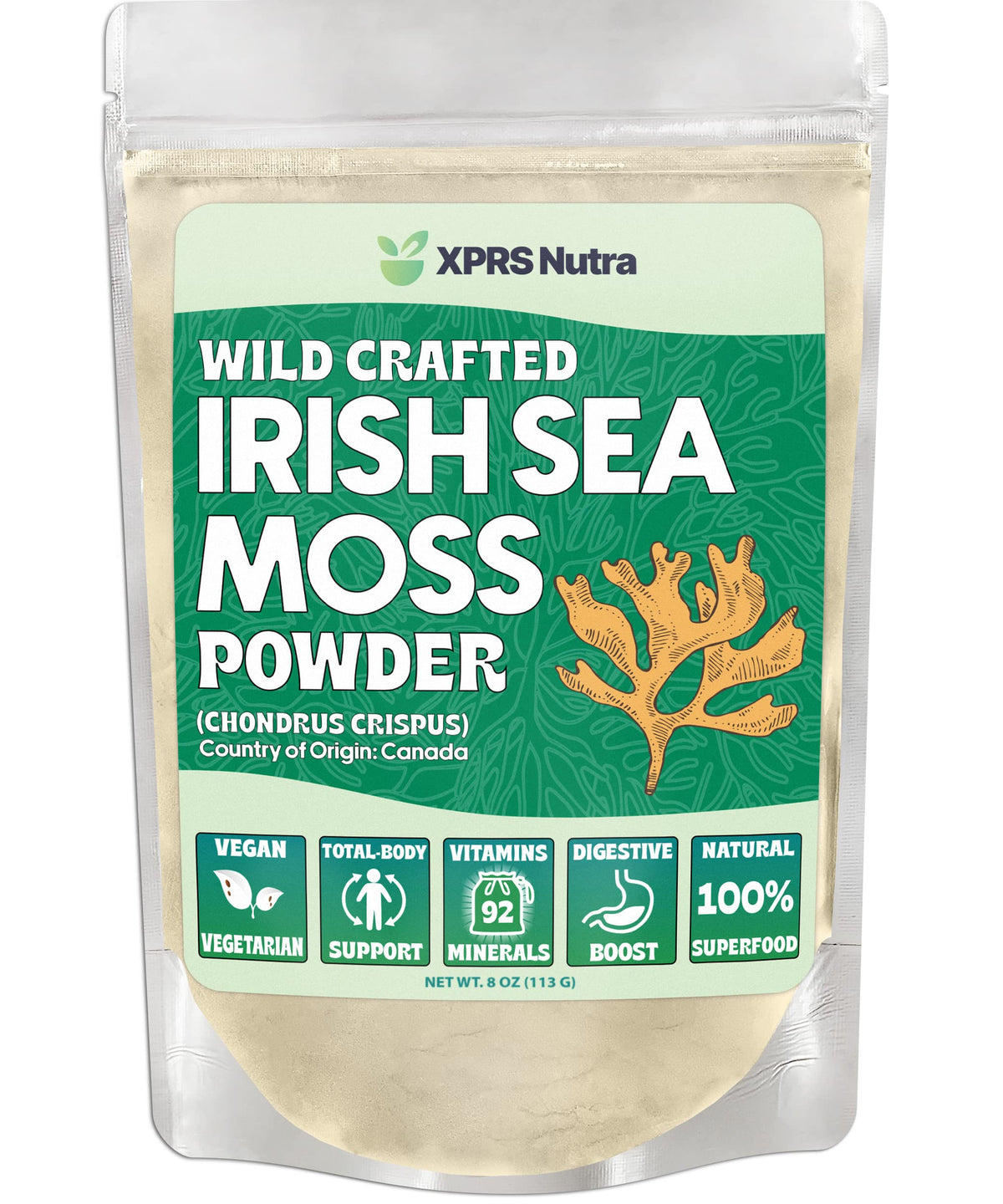 XPRS Nutra Irish Sea Moss Powder (Chondracanthus Chamissoi) - Premium Wildcrafted Seamoss Powder for Glowing Skin - Total Body Health Sea Moss Drink Powder - Vegan Friendly Irish Moss Powder (8 oz)