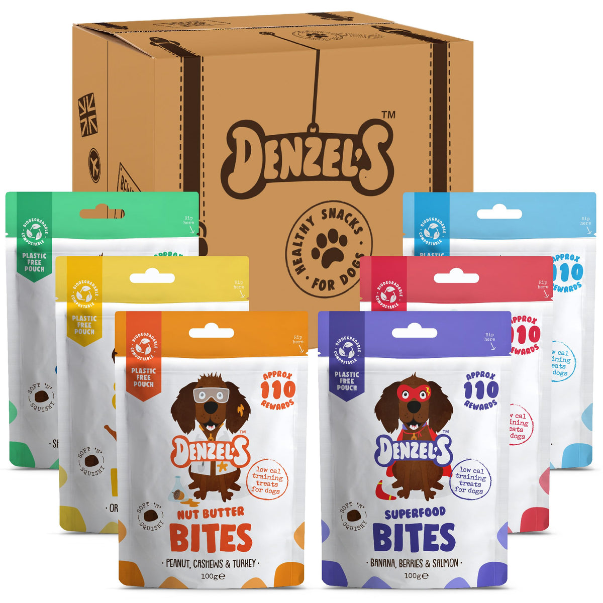 Denzel's Bites, Natural Dog Treats - Soft Baked Dog Training Treats - Variety Pack - Mix of Healthy Dog Treats,100 g (Pack of 6)