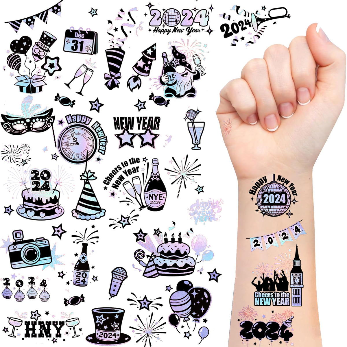 Konsait New Years Tattoos for 2024 Eve Party Supplies NYE Decor Foil Styles Temporary Tattoo NYE Party Favors Happy New Year Decorations