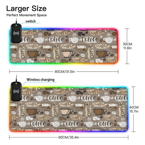 Coffee Wireless Charging Mouse Pad for Mobile Phone Extra Large Gaming Mousepad with 13 Lighting Modes Extended Desk Mat for Office Home Gaming MacBook PC Laptop Desk