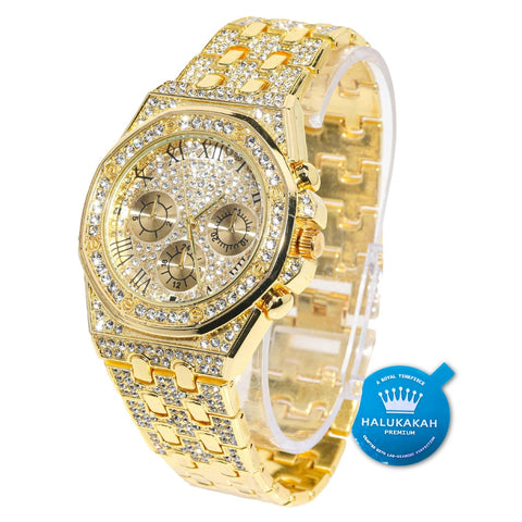 HALUKAKAH Diamonds Gold Watch Iced Out, Men's 18K Real Gold Plated 40MM Width Roman Numerals Dial Quartz Wristband 22cm, Free Giftbox