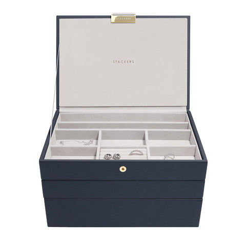 Stackers Navy Classic Medium Jewellery Box, Set of 3