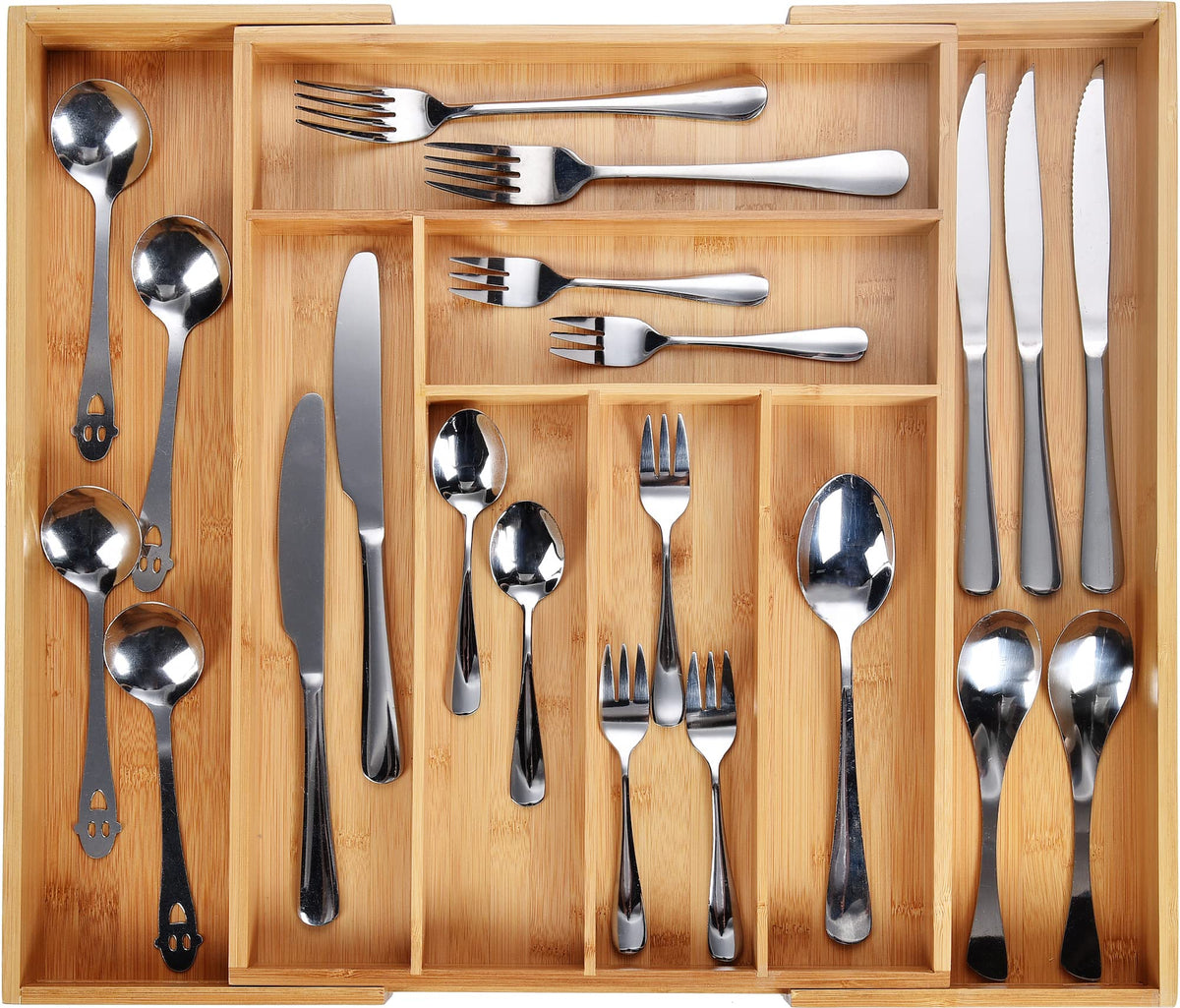 Harcas Bamboo Cutlery Tray. 6-8 Compartment Utensil Holder for Kitchen Drawer. Large Extendable Size Organiser for Knife, Forks and Cutlery. Cutlery Not Included
