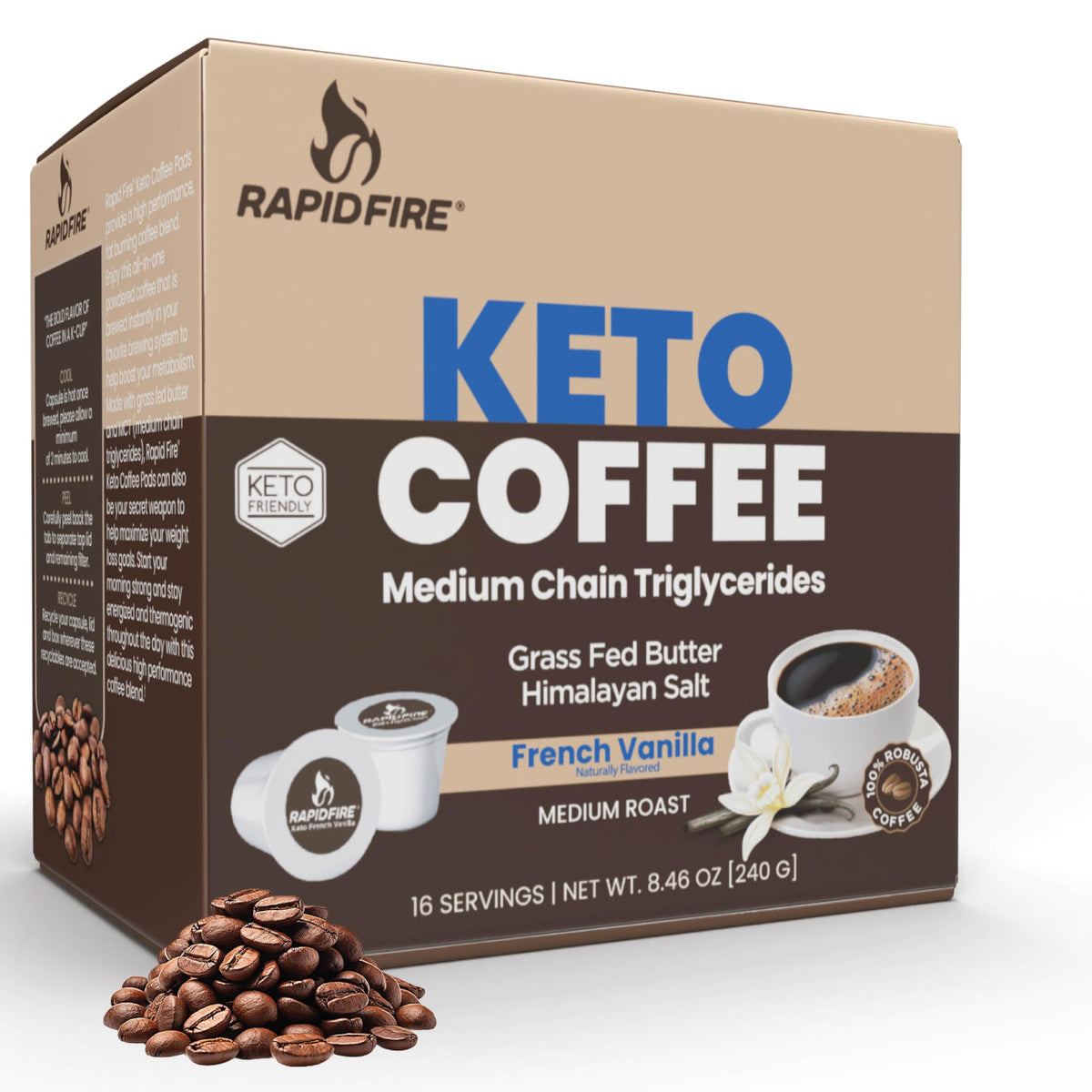 Rapidfire French Vanilla Ketogenic High Performance Keto Coffee Pods, Supports Energy & Metabolism, Weight Management, Single Serve K Cup, Brown, 16 Count