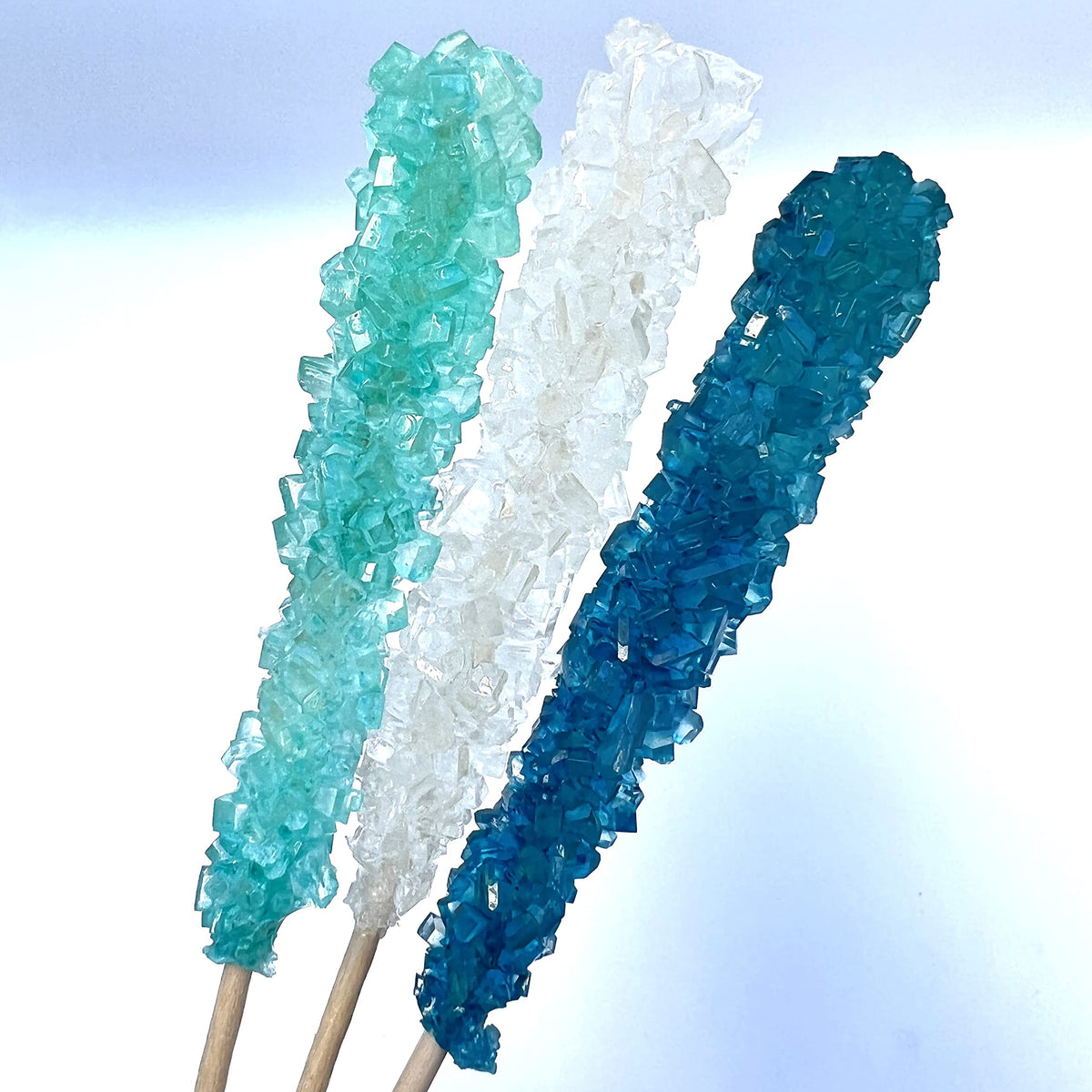 Classic Rock Candy Sticks, Sugar Rock Crystal Lollipops, Individually Wrapped (Frozen Ice (Blue, White & Light Blue), Pack of 18)