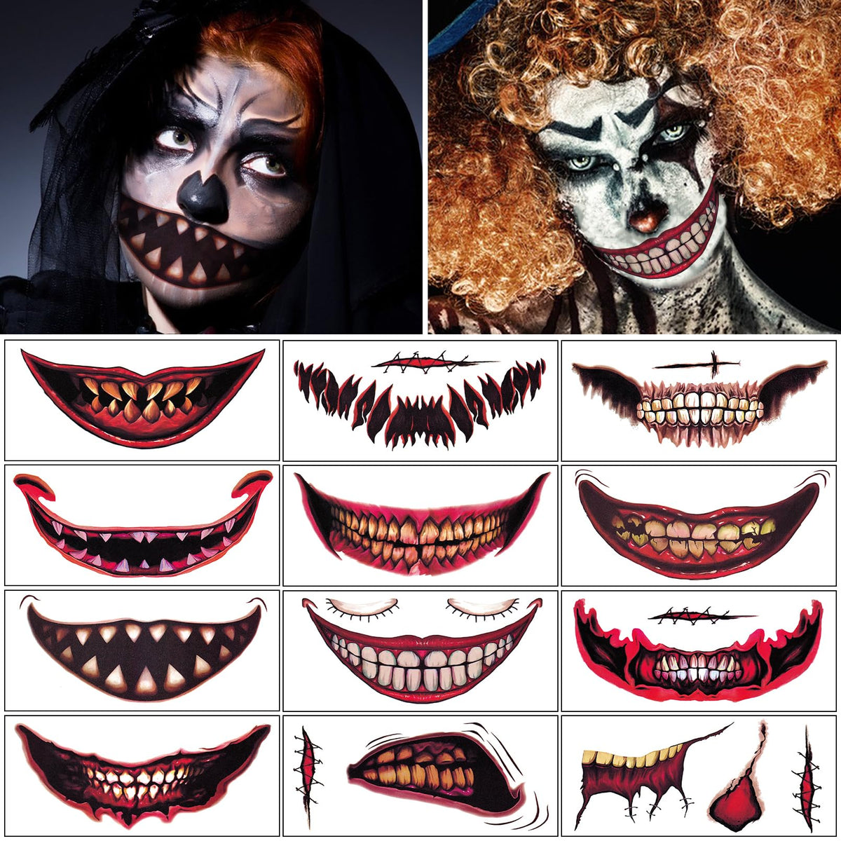 Halloween Mouth Tattoo Stickers Halloween Prank Makeup Temporary Tattoo Paper Horror Lip Big Mouth Face Tattoos for Adults Women Men Clown Cosplay Halloween Makeup Prank Props (12 Sheets)