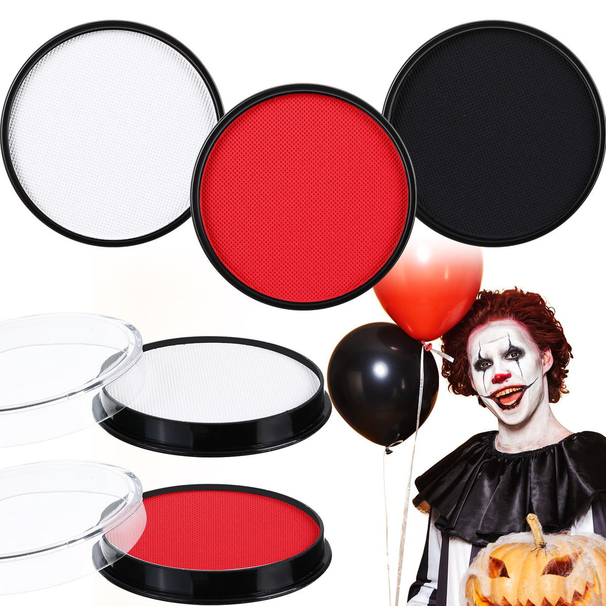 Dansib 3 Pcs Clown Makeup Kit Classic Red Face and Body Paint White Washable Black Makeup Water Activated Pretend Costume and Dress up Makeup for Kids Adults Halloween Cosplay and Party