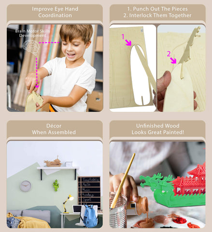 Puzzled 3D Puzzle Dragon Boat Wood Craft Construction Model Kit, Fun Unique & Educational DIY Wooden Toy Assemble Model Unfinished Crafting Hobby Puzzle to Build & Paint for Decoration 141 Pieces Pack