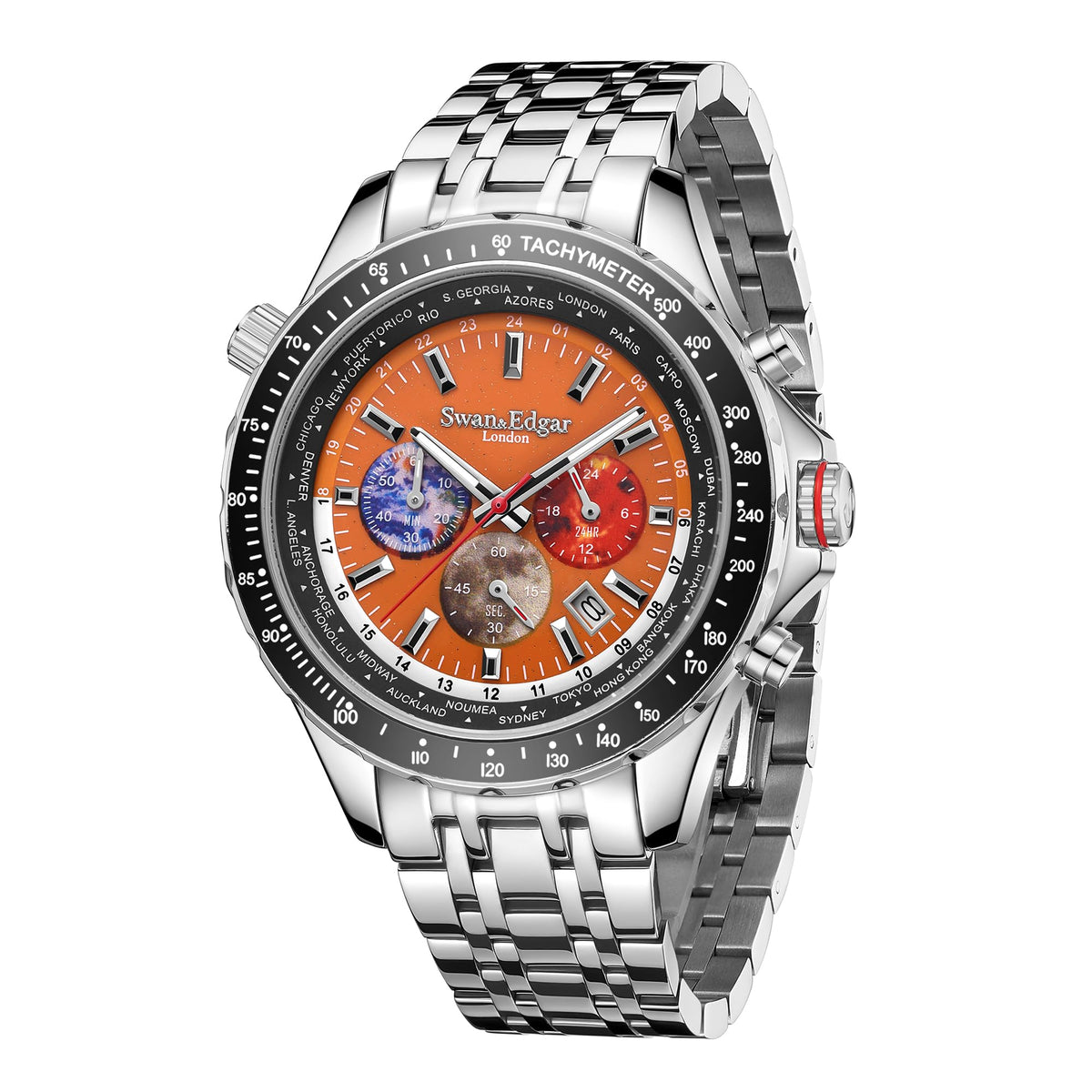 SWAN AND EDGAR World Timer Mechaquartz Chronograph Designer Watch for Men with Saphire Glass, Hand Assembled 30m Water Resistant Analogue Men's Watch - Steel Orange