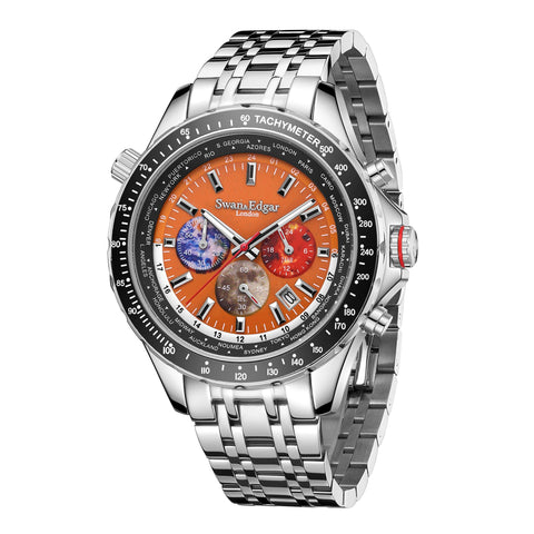 SWAN AND EDGAR World Timer Mechaquartz Chronograph Designer Watch for Men with Saphire Glass, Hand Assembled 30m Water Resistant Analogue Men's Watch - Steel Orange