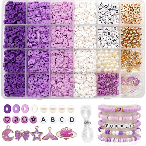 Dotilili 3164 Pieces Purple Polymer Clay Beads Set, 6 mm Heishi Beads for Threading Bracelets DIY Set with Letter Pendant Bead Set for Bracelets Necklace Earrings Jewellery (Purple)