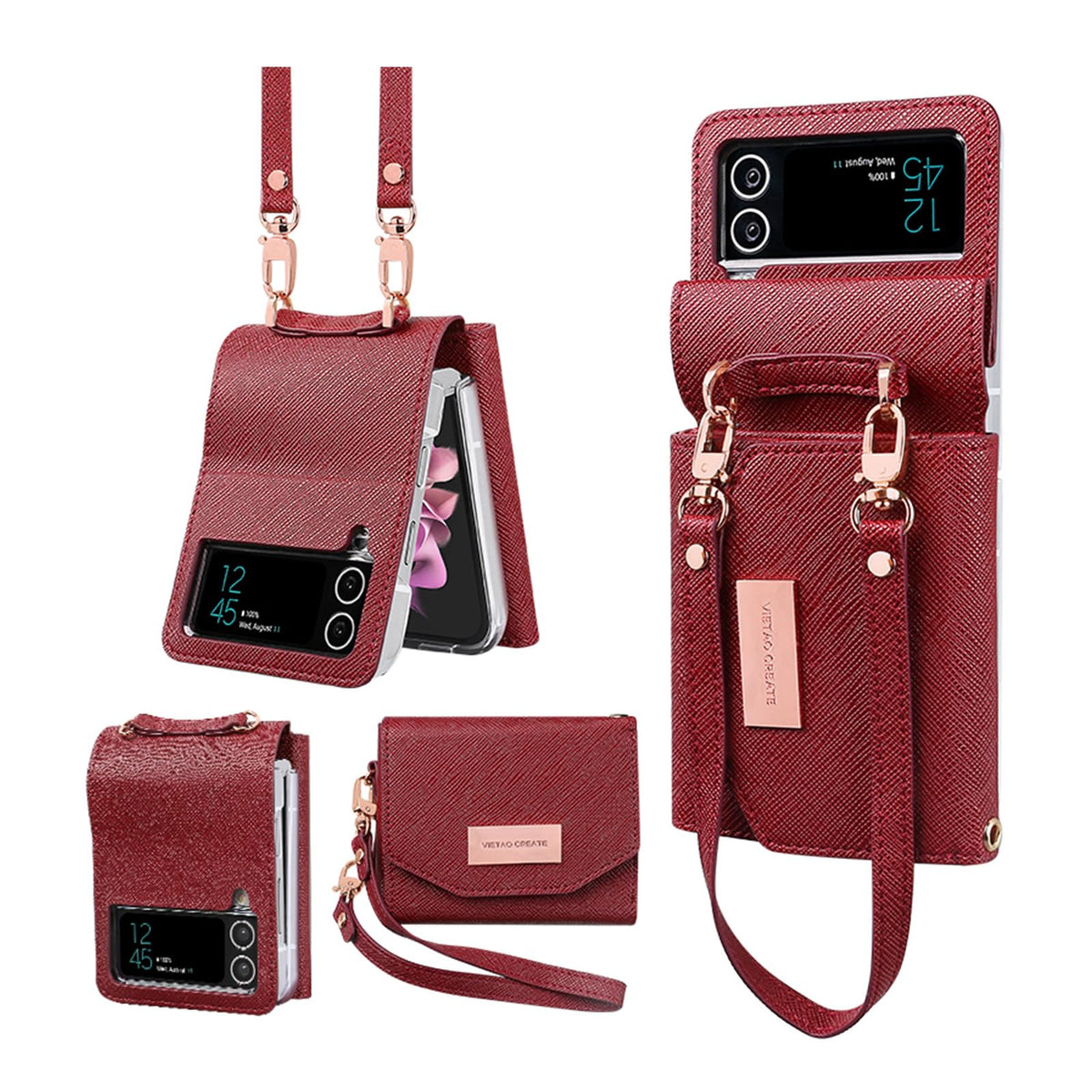 XIMAND for Samsung Galaxy Z Flip 4 Wallet Case with Built-in Leather Cash Slot and Credit Card Holder. Wristlet Strap and Hinge Protection, Carrying Handbag Phone Case for Women Ladies.(Dark Red)
