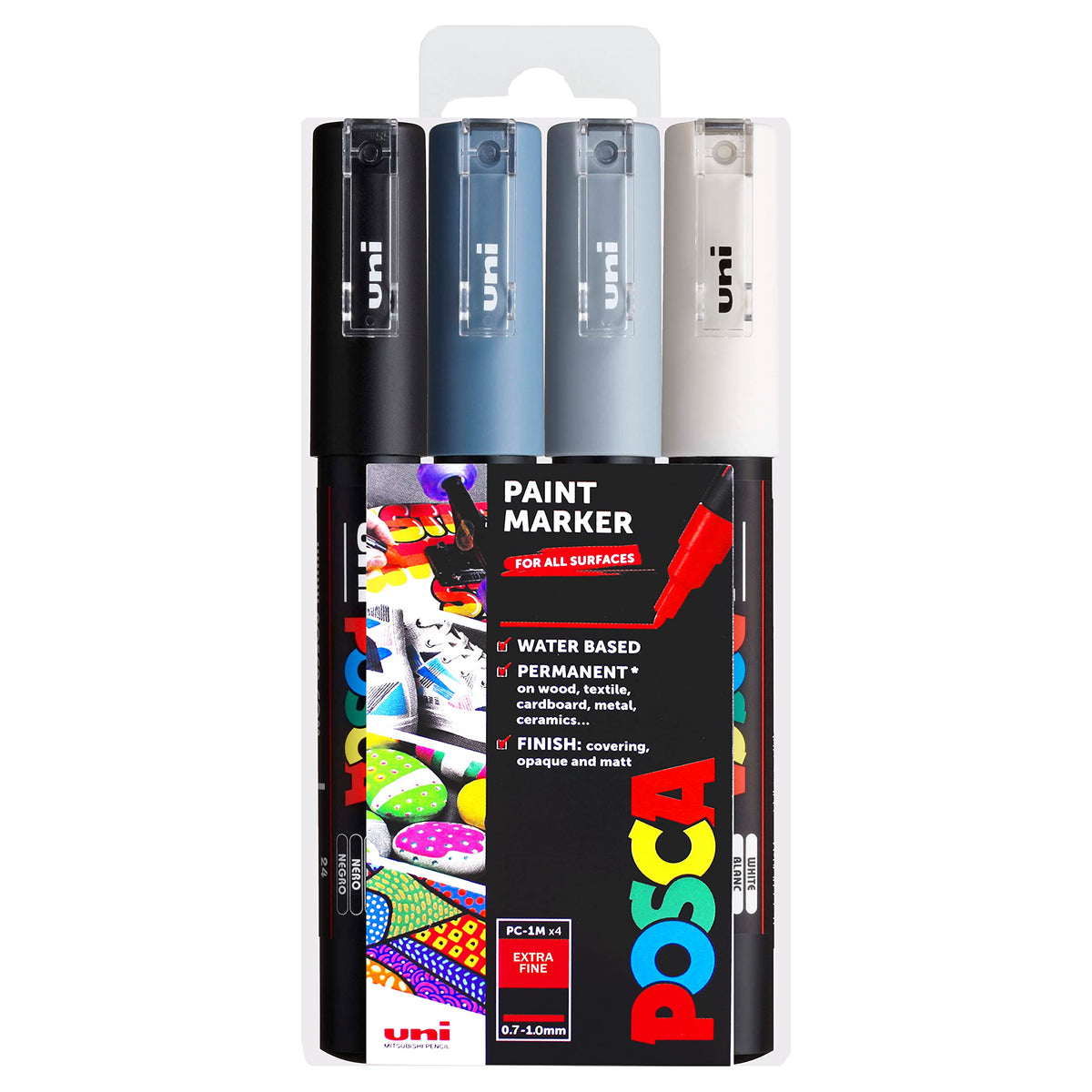 Posca PC-1M Paint Marker Art Pens - 0.7mm - Grey Tones Set of 4 Pens in Wallet