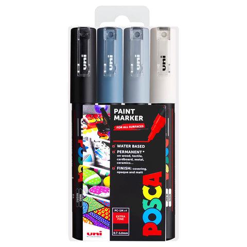 Posca PC-1M Paint Marker Art Pens - 0.7mm - Grey Tones Set of 4 Pens in Wallet