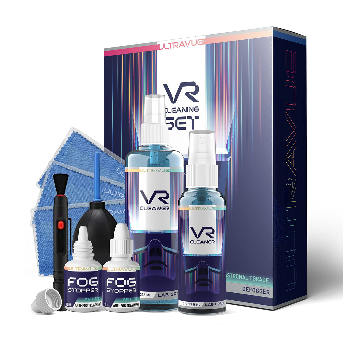 UltraVue VR Cleaning Kit and Anti-Fog Treatment - Includes VR Cleaner Gel Sprays, Microfiber Cloths, Anti Fog Drop Treatments, Brush and Air Bladder with Precision Nozzle