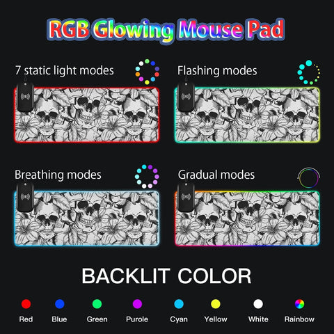 Hibiscus Skull Wireless Charging Mouse Pad for Mobile Phone Extra Large Gaming Mousepad with 13 Lighting Modes Computer Mat for Gaming MacBook PC Laptop Desk Office Home