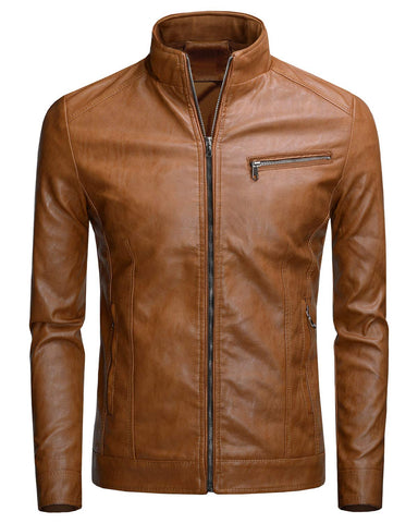 Fairylinks Men's Casual Faux Leather Jacket, Light Brown, M