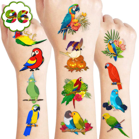 Generic Parrot Temporary Tattoos Birthday Party Supplies Favors Decorations Super Cute 96PCS Fake Tattoos Stickers for Boys Girls School Classroom Rewards Gifts Ideal Halloween