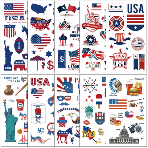 Fourth of July Temporary Tattoos Set Patriotic Decorations Stickers 10 sheets for Kids Adults, Red White and Blue American Flag USA Party Supplies 4th of July Memorial Independence Labor Day