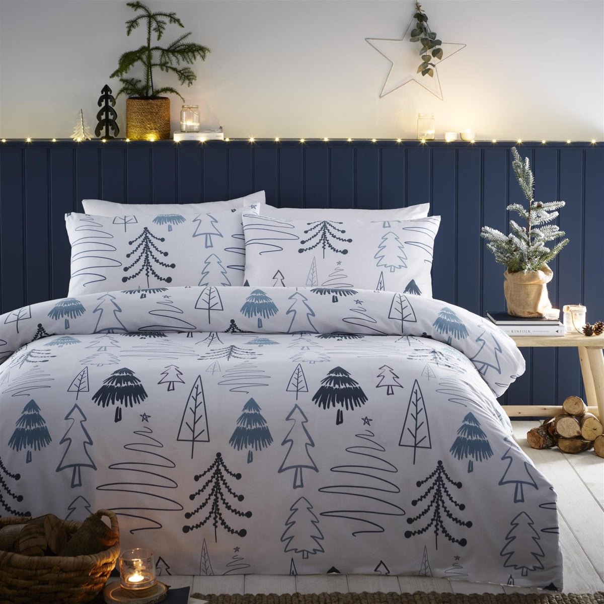 Charlotte Thomas Scandi Trees Christmas Duvet Cover Set White Xmas Bedding Set Double