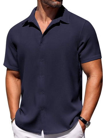 COOFANDY Beach Shirts for Men Short Sleeve Casual Button Down Shirt Lightweight Breathable Waffle Shirt Navy Blue