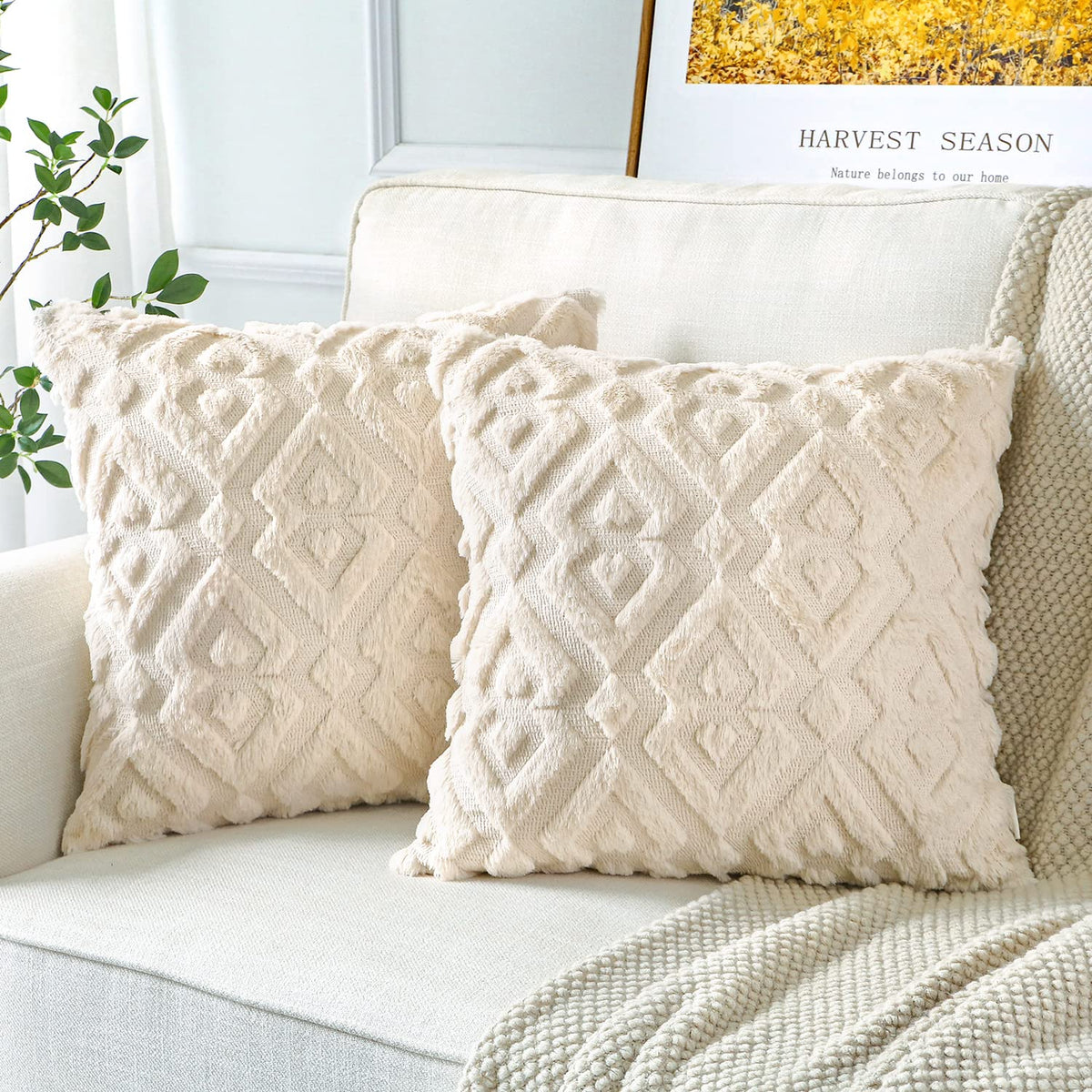 Artscope Pack of 2 Soft Plush Short Wool Velvet Decorative Throw Pillow Covers Luxury Style Cushion Covers European Pillow Shell for Sofa Bedroom Diamond Shape Cream Beige, 12x12 Inch