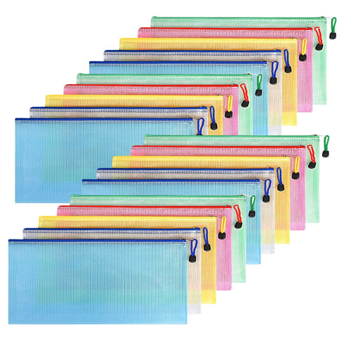 FYY Mesh Pencil Case, A6 Plastic Zip Wallets, 20PCS Pencil Case Plastic Wallets Folders Waterproof Travel Storage Pouch for School Supplies, Bills, Cosmetics and Travel Accessories 5-Colors