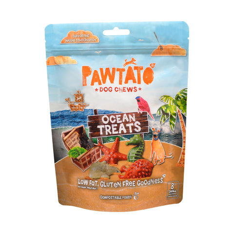 Pawtato Vegan Dog Chews Ocean Treats. Natural rawhide alternative vegan dog treats. Low fat, plant based, hypoallergenic, sweet potato, grain-free chews Small 140g