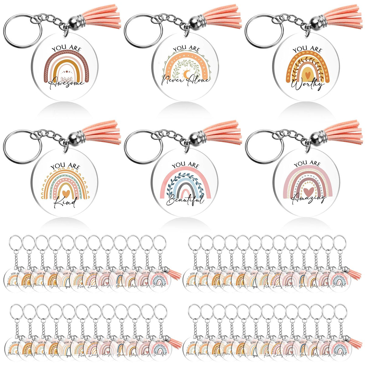 Unittype Boho Rainbow Key Chain Inspirational Keychain Thank You Gifts for Coworkers Appreciation Acrylic Tassels Keychain (30 Pcs)