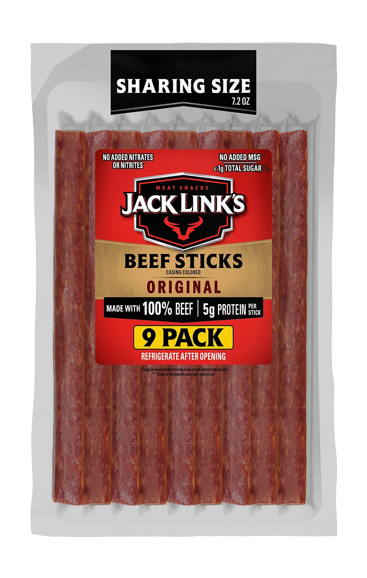 Jack Link's Beef Sticks, Original - Protein Snack, Meat Stick, Made with 100% Beef, No Added MSG** - 7.2 Oz.
