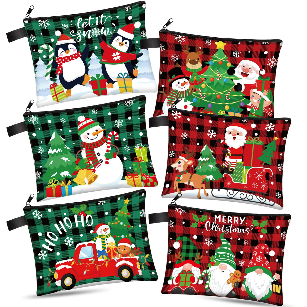 Zonon 6 Pcs Christmas Canvas Makeup Bags Small Cosmetic Bag Set with Zipper Portable, Cute Buffalo Plaid Style Pouch, Pencil Case Set Bulk for Women Student Holiday Travel Xmas Party Gifts Supplies