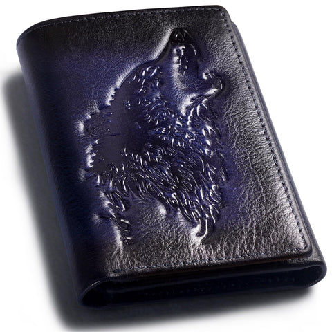 skneephate Men's Trifold Wallet,Wolf Wallets For Men Leather,Rfid Blocking,Gifts For Him Husband, blue, Retro