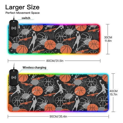 Basketball Game Wireless Charging Mouse Pad for Mobile Phone Extra Large Gaming Mousepad with 13 Lighting Modes Mouse Mat for Gaming MacBook PC Laptop Desk Home Office