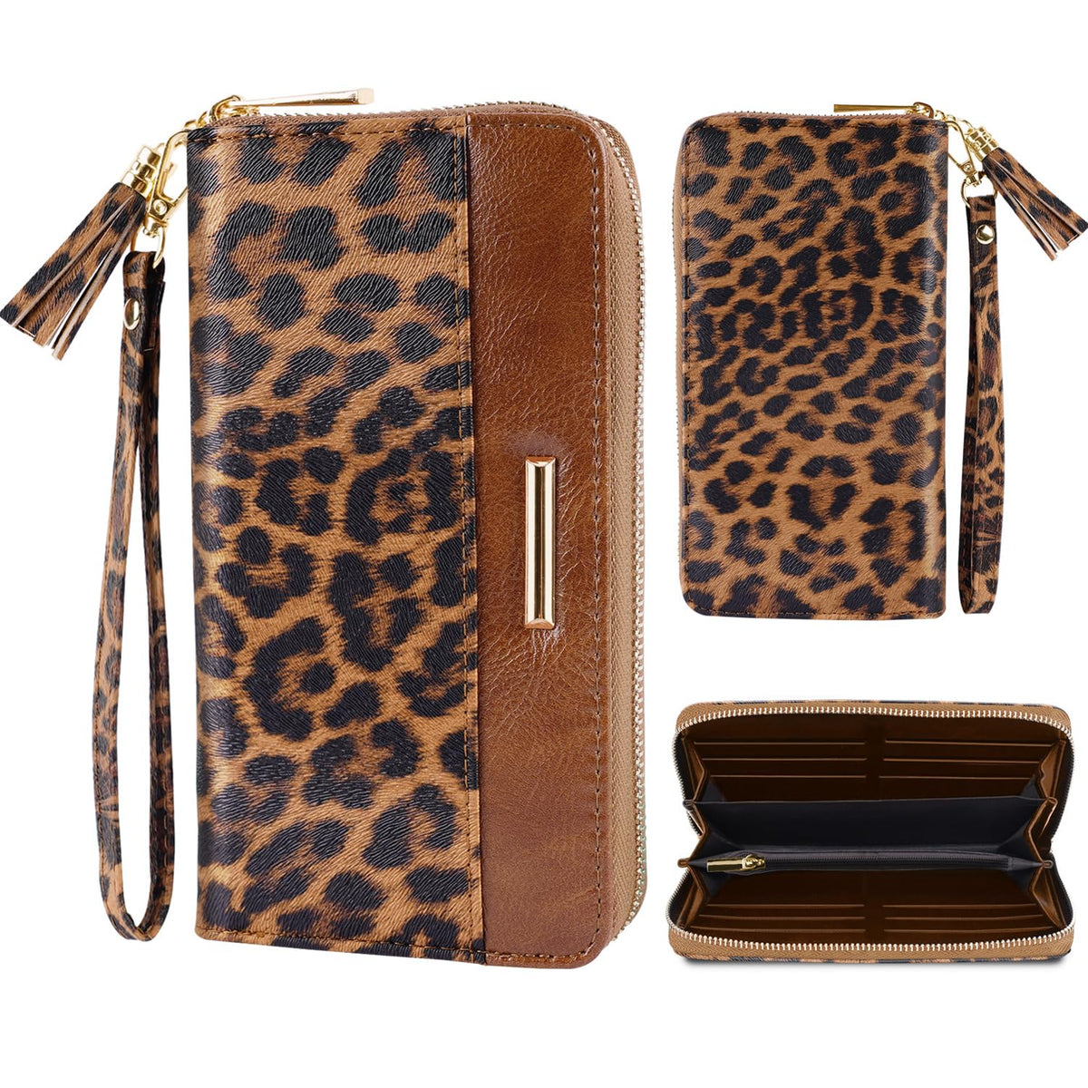 Coco Rossi Wallets for Women PU Leather Card Holder Organizer Ladies Clutch with Tassel Wristlet Wrist strap, Brown Leopard, long purse